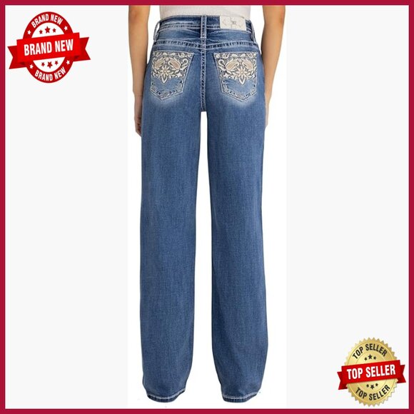 High Rise Slim Wide Leg Jeans with Paisley Embroidery 34